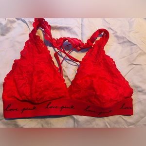 VS Pink Bright Red Strappy Lace Bralette Size S